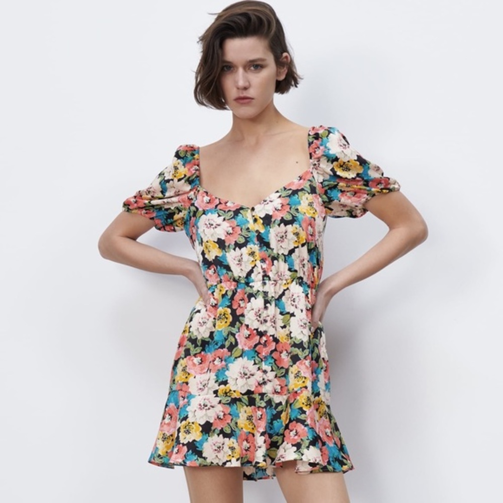Zara Colorful Floral Printed Button Front Puff Sleeve Mini‎ Dress 2582/255/030